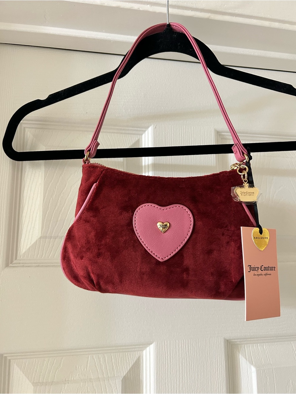 Juicy Couture Burgundy Velvet Shoulder Bag with Pink Heart Accent